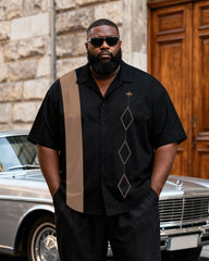 Big & Tall Men's Black Khaki Contrast Geometric Print Short Sleeve Shirt Pants Set