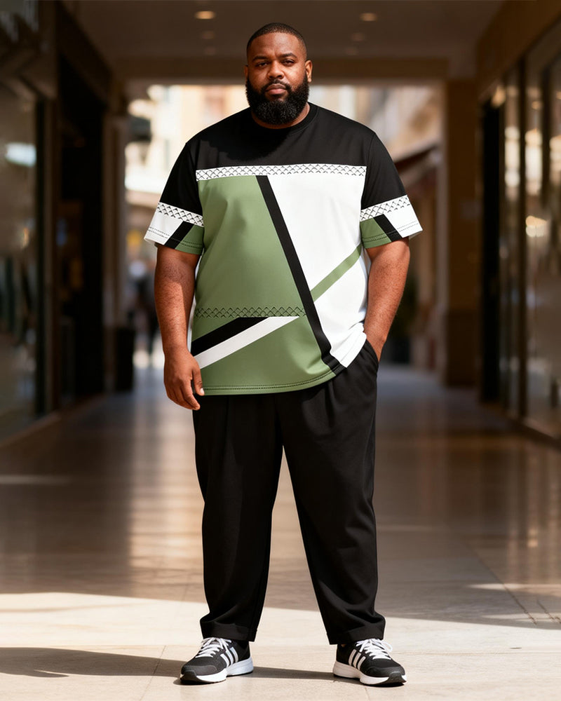 Big & Tall Men's Green Black And White Geometric Contrast Printed T-Shirt Pants Set
