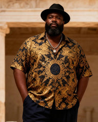 Big & Tall Men's Black And Gold Mandala Totem Print Short-Sleeve Shirt And Pants Set