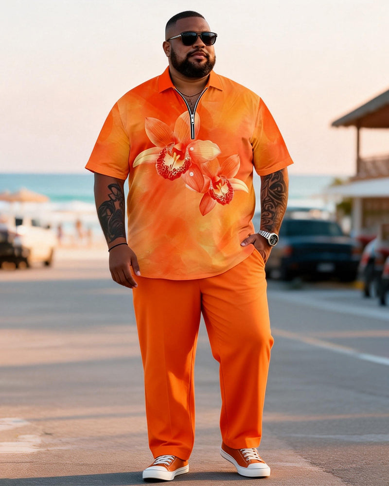 Big & Tall Men's Orange Red Floral Print Zipper Polo Short Sleeve Pants Set
