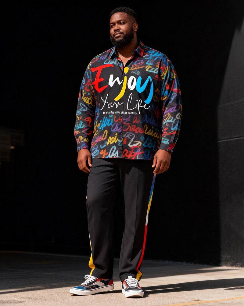 Big & Tall Men's Colorful Graffiti Letter Print Long Sleeve Shirt Pants Set