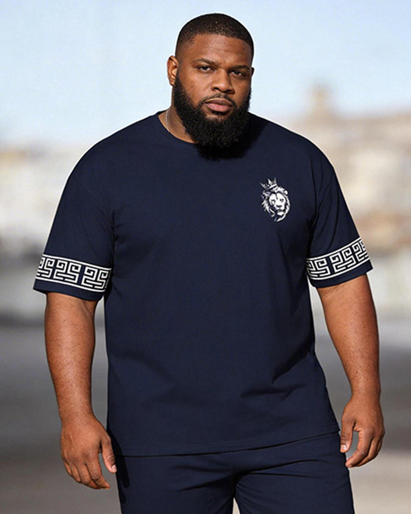 Big & Tall Men's Tibetan Lion Head Greek Print Crew Neck Short Sleeve T-shirt Shorts Set