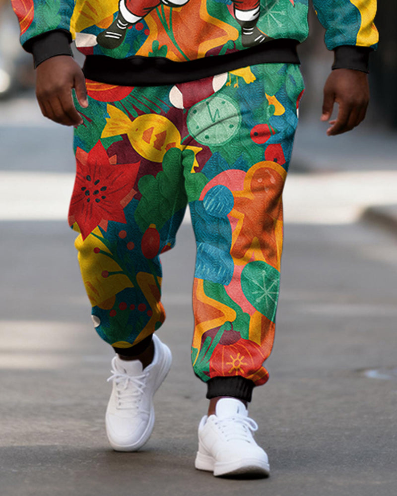 Big & Tall Men's Color Rock Santa Playing Guitar Printed Round Neck Sweater Set