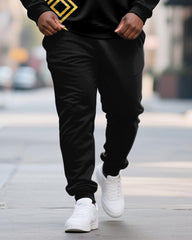 Big & Tall Men's Black Contrast Geometric Printed POLO Collar Zipper Long Sleeve Pants Two-piece Set