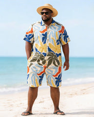Big & Tall Men's Morandi Color Contrast Large Flower Print Short Sleeve Shirt And Shorts Set