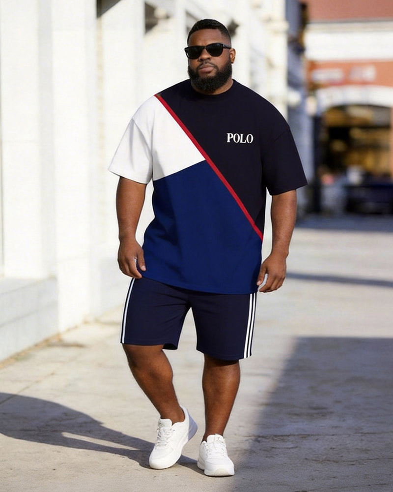 Big & Tall Men's Navy Red And White Color Matching Letter Printed Round Neck Short Sleeve T-shirt Shorts Set