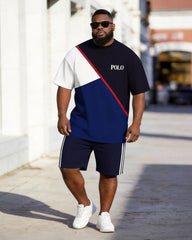 Big & Tall Men's Navy Red And White Color Matching Letter Printed Round Neck Short Sleeve T-shirt Shorts Set