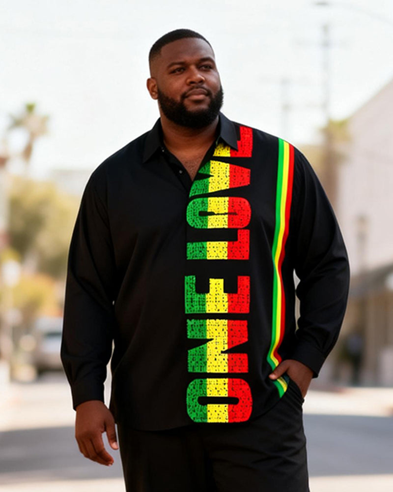 Big & Tall Men's "ONE LOVE" Reggae Striped Print Long Sleeve Shirt Pants Set
