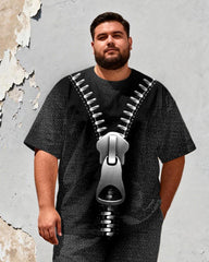 Big & Tall Men's Functional Silver Chain Distressed Texture Printed T-shirt Trousers Set