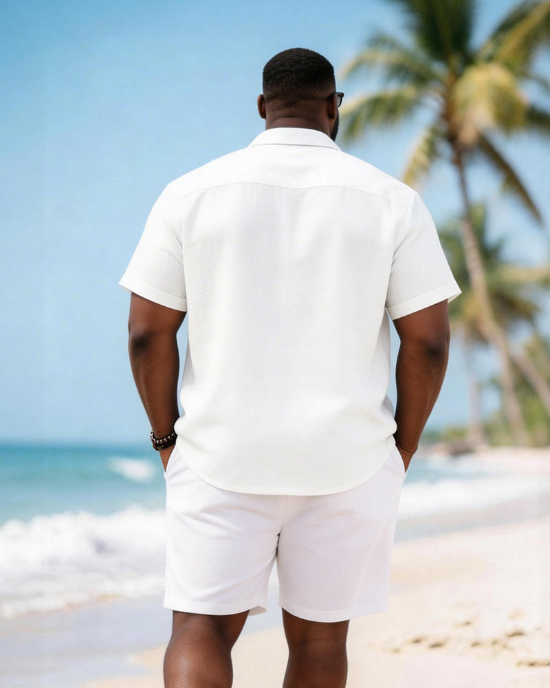 Big & Tall Men's White Exquisite Lace Print Short Sleeve Shirt Shorts Set