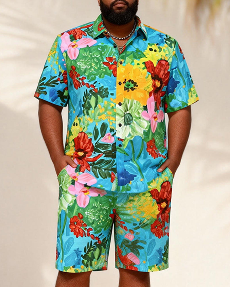 Big & Tall Men's Painted Tropical Floral Contrast Printed Short Sleeve Shirt Shorts Set