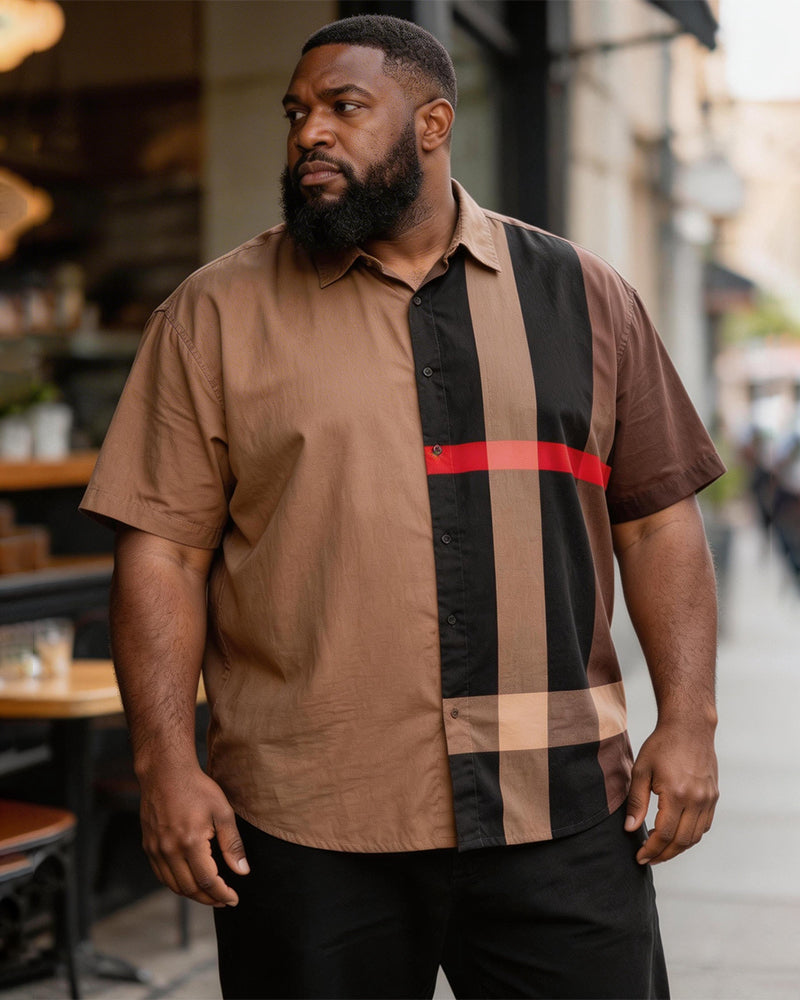 Big & Tall Men's Camel Plaid Printed Short Sleeve Shirt