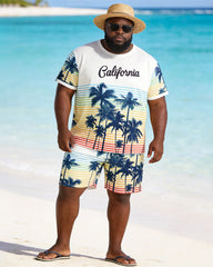 Big & Tall Men's Rainbow Striped Coconut Print Round Neck Short Sleeve T-Shirt Shorts Set