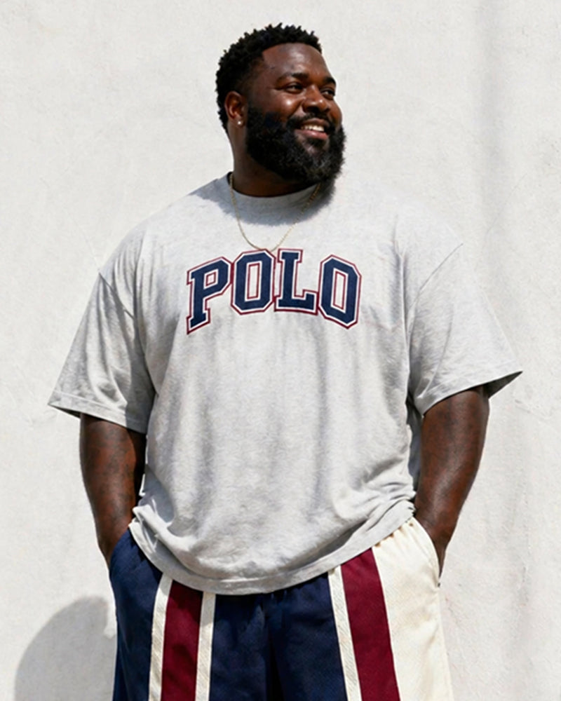 Big & Tall Men's Retro Striped POLO Letter Printed Round Neck Short Sleeve T-shirt Shorts Set