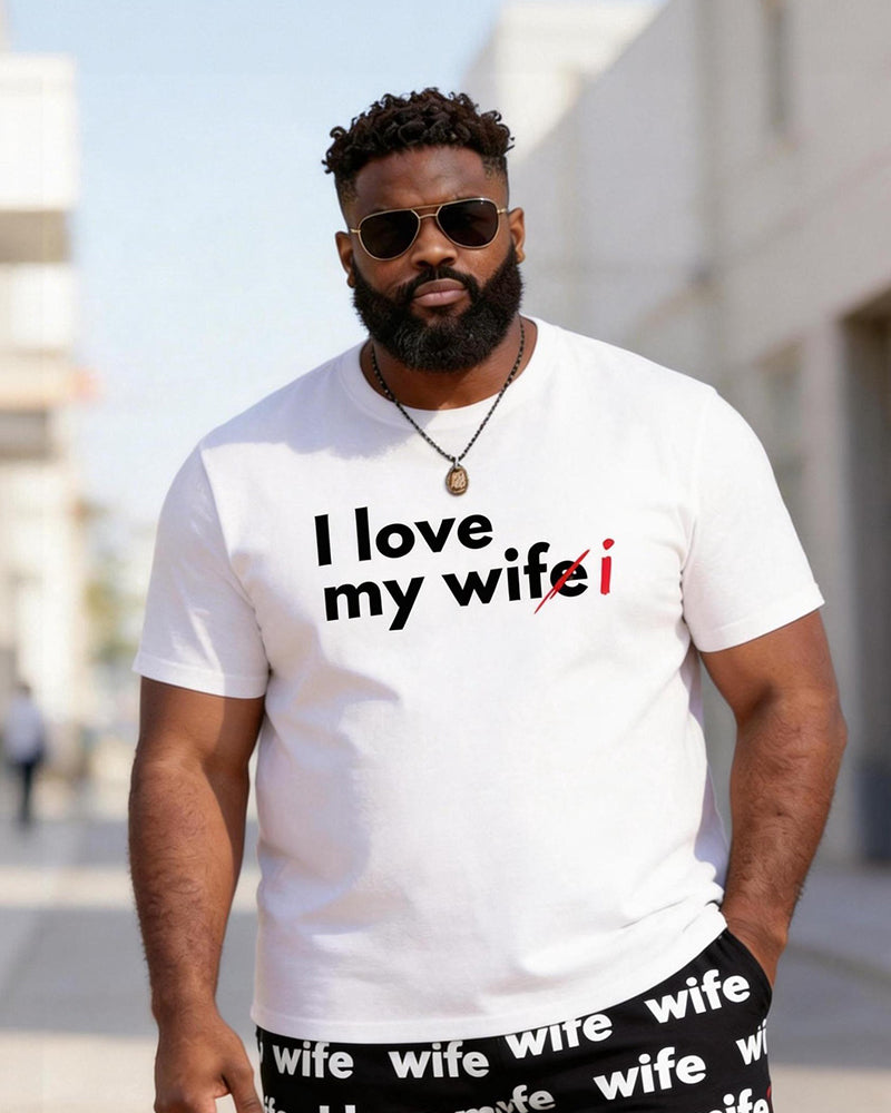 Big & Tall Men's "I Love My Wife" Letter Printed Crew Neck Short Sleeve T-shirt Shorts Set