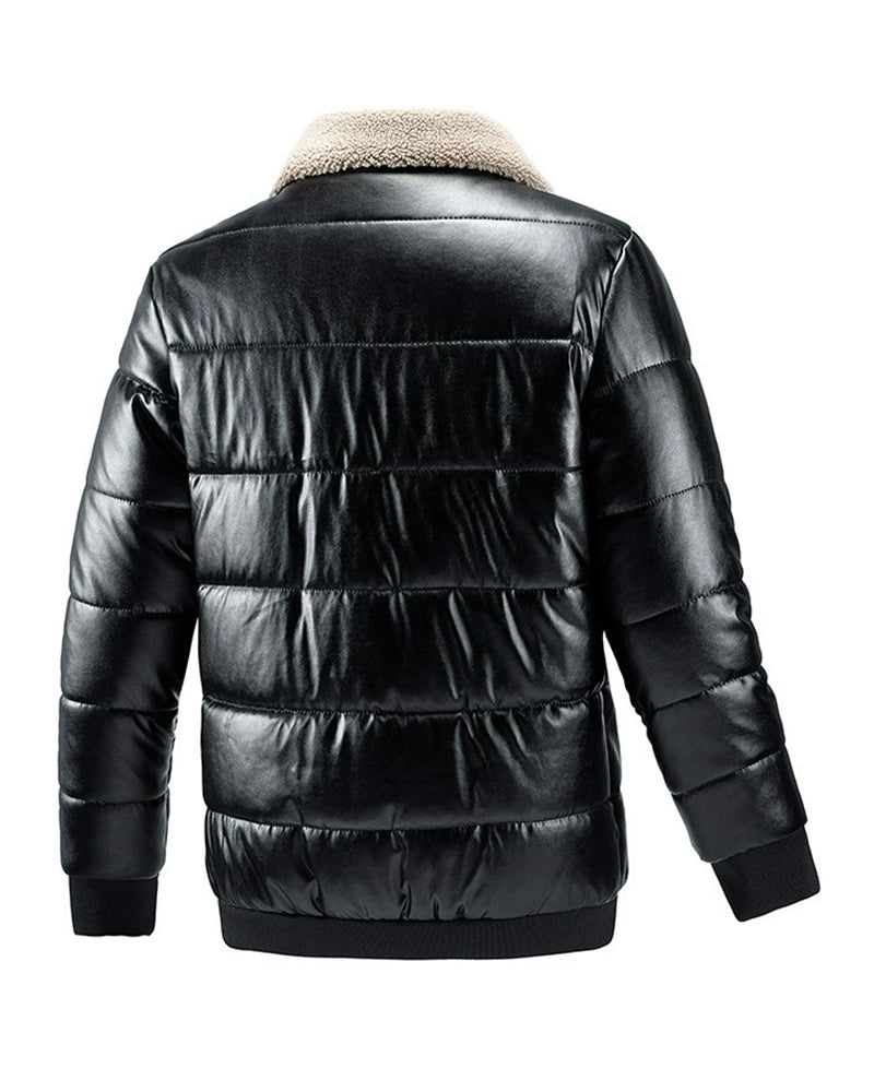 Big & Tall Men's Padded Lamb Wool Lapel Motorcycle PU Leather Jacket M-5XL