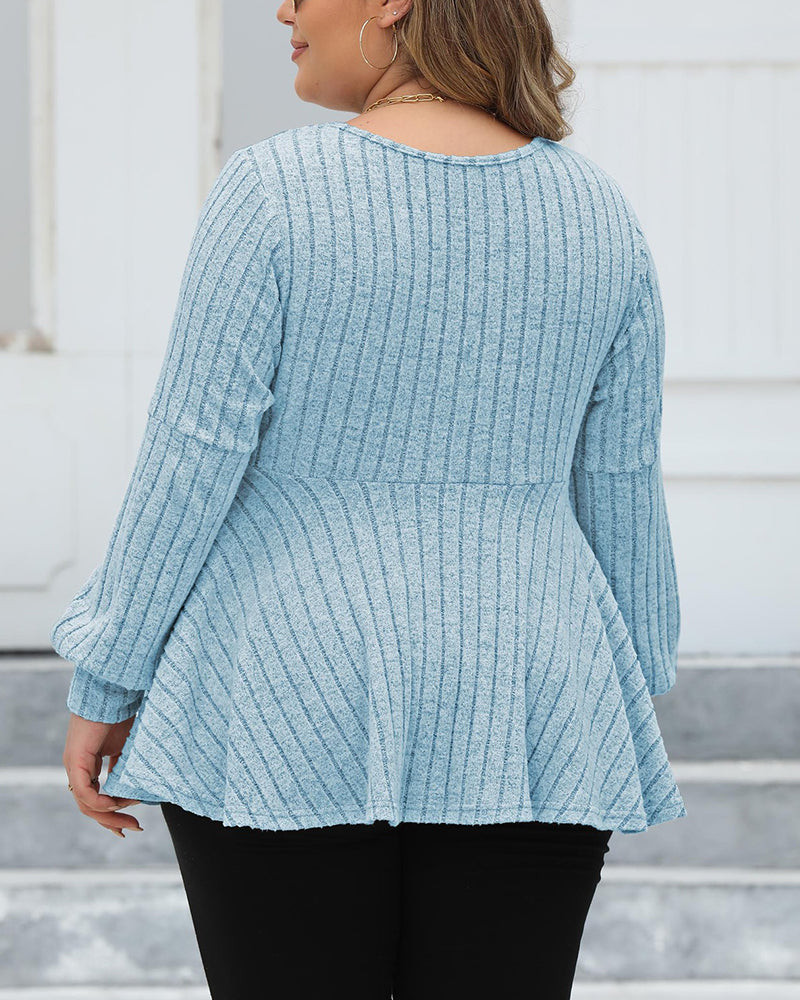 Women's Large Solid Color Striped V-neck Gold Button T-shirt L-5XL