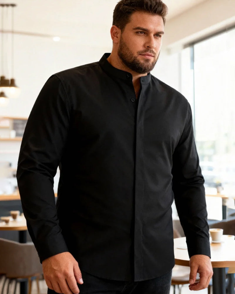 Big & Tall Men's Solid Color Retro Collar Long Sleeve Shirt S-3XL