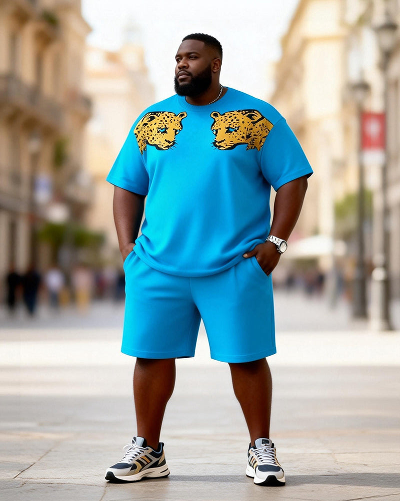 Big & Tall Men's Double Leopard Head Pure Blue Printed Crew Neck Short Sleeve T-shirt Shorts Set