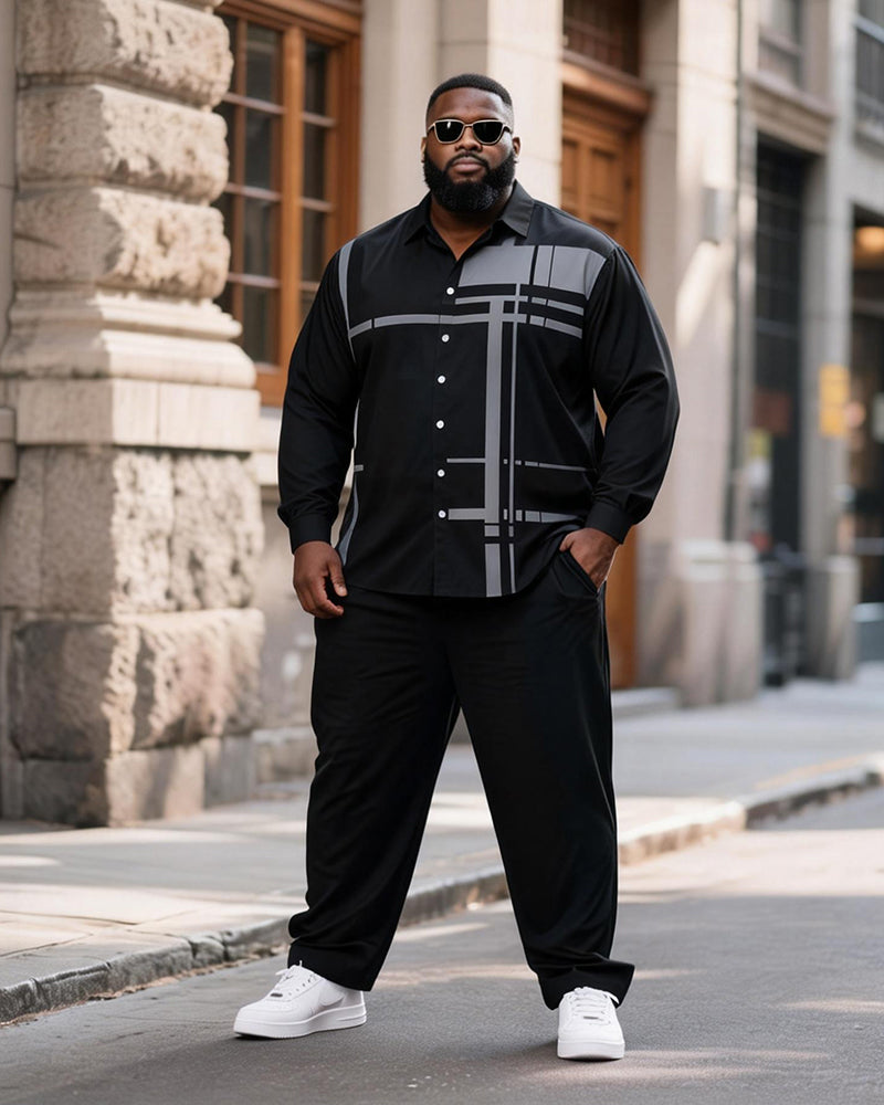 Big & Tall Men's Black And Grey Geometric Print Long Sleeve Shirt Pants Set