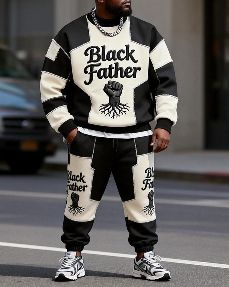 Big & Tall Men's Black Father Black And White Patchwork Printed Round Neck Sweater Set