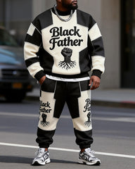 Big & Tall Men's Black Father Black And White Patchwork Printed Round Neck Sweater Set