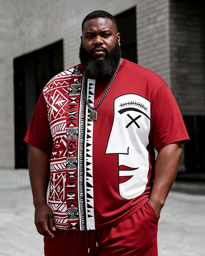 Big & Tall Men's Stitching Side Face Abstract Ethnic Style Printing Crewneck Short Sleeve T-shirt Shorts Set