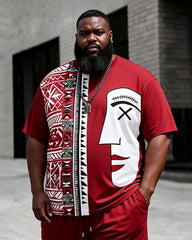 Big & Tall Men's Stitching Side Face Abstract Ethnic Style Printing Crewneck Short Sleeve T-shirt Shorts Set