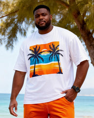Big & Tall Men's Orange Blue Contrast Coconut Print Round Neck Short Sleeve T-Shirt Shorts Set