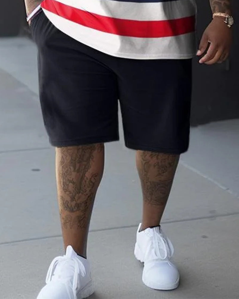 Big & Tall Men's Letter Black Gold Star Embellished Striped Printed Round Neck Short Sleeve T-Shirt Shorts Set