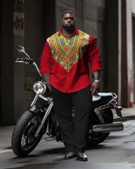 Big & Tall Men's Red African Collar Totem Print Long Sleeve Shirt Pants Set
