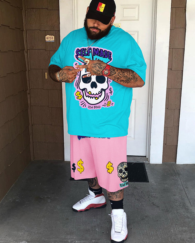 Big & Tall Men's Lake Blue Skull Dollar Printed Crewneck Short Sleeve T-Shirt Shorts Set