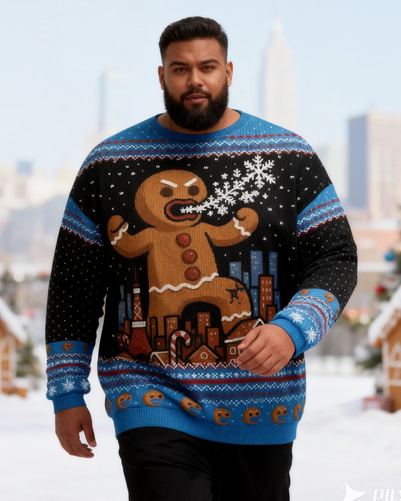 Big & Tall Men's Christmas Blue Gingerbread Man Print Crewneck Ugly Sweater