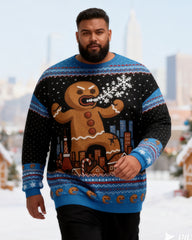 Big & Tall Men's Christmas Blue Gingerbread Man Print Crewneck Ugly Sweater