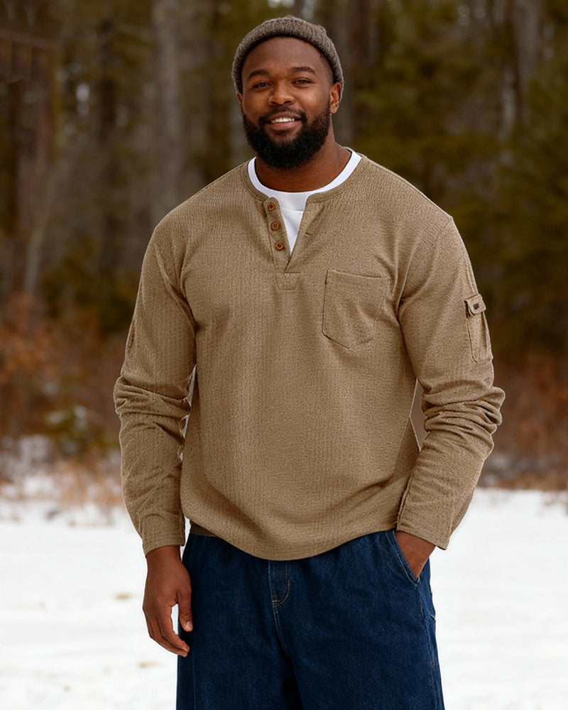 Big & Tall Men's Solid Color Fake Two-Piece V-Neck Waffled Long-Sleeved T-Shirt S-2XL