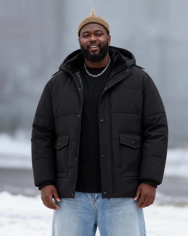 Big & Tall Men's Solid Color Padded Hooded Long Cotton-padded Jacket Coat M-8XL