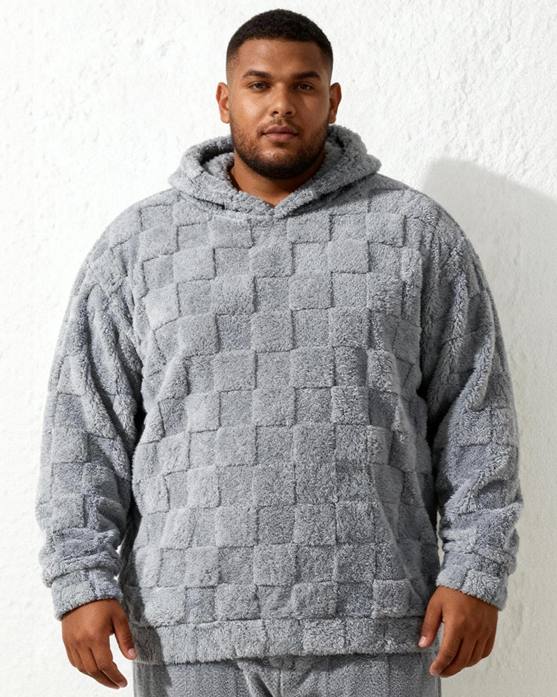 Big & Tall Men's Solid Color Square Plaid Plush Hooded Sweatshirt S-2XL