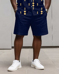 Big & Tall Men's Business Blue Geometric Print Long Sleeve Shirt Shorts Set