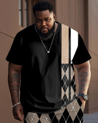 Big & Tall Men's Retro Black And Brown Stitching Geometric Rhombus Printed T-shirt Trousers Set