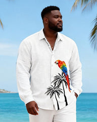Big & Tall Men's White Bottom Coconut Parrot Print Long Sleeve Shirt Pants Set