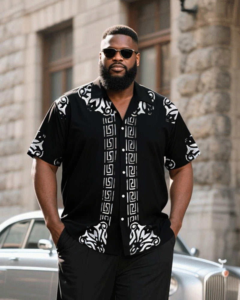 Big & Tall Men's Gothic Pattern Stitching Plinting Printed Short Sleeve Shirt And Trousers Set