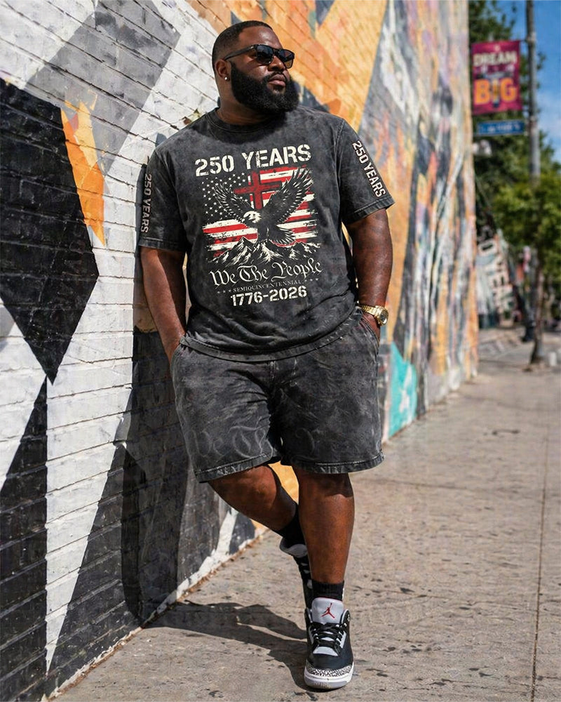 Big & Tall Men's 250 Anniversary Of The United States Old Flag Eagle Print Crewneck Short Sleeve T-Shirt Shorts Set