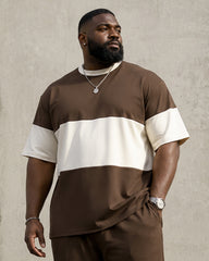 Big & Tall Men's Brown And White Contrast Striped Printed T-Shirt Pants Set