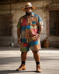 Big & Tall Men's Colorblock Patch Printed Short Sleeve Shirt Shorts Set