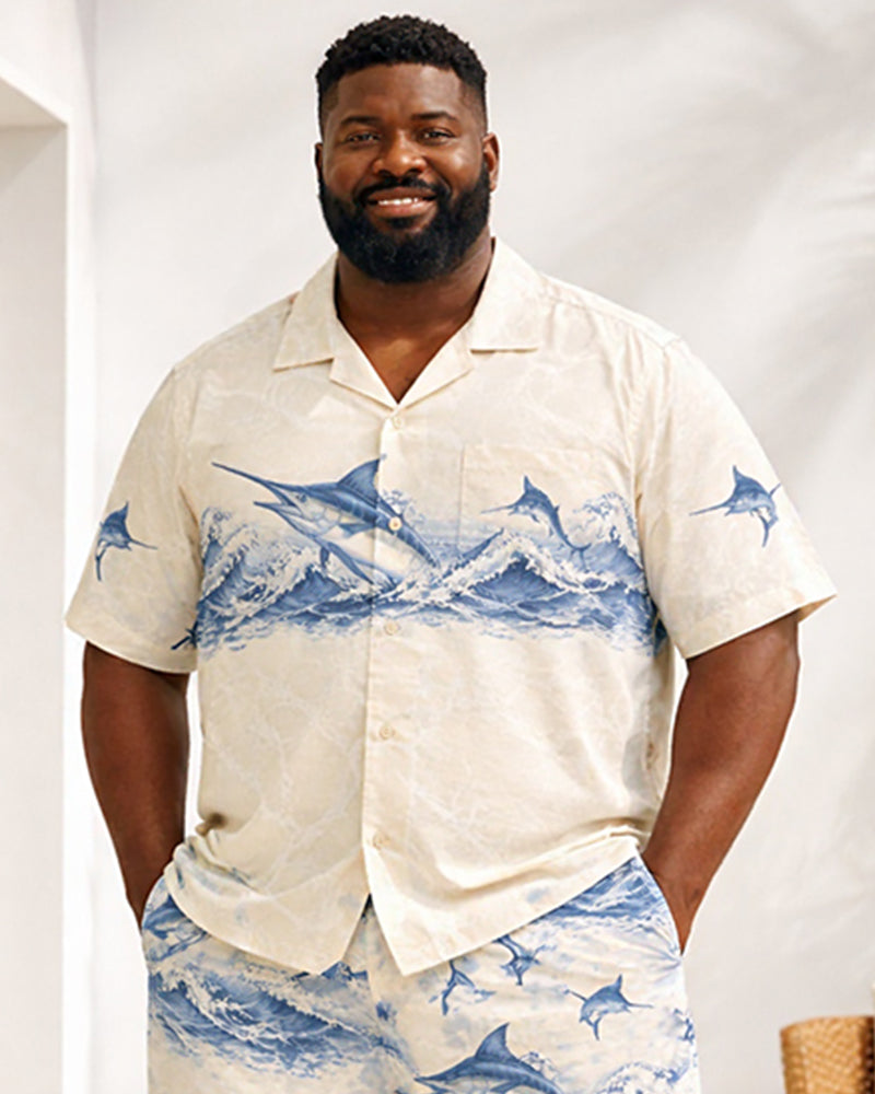 Big & Tall Men's Nautical-Style Wave Sailfish Print Short-Sleeve Shirt And Shorts Set