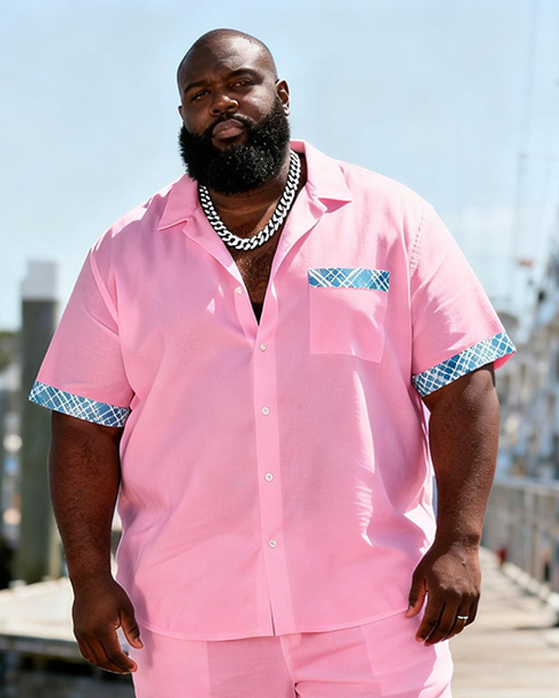 Big & Tall Men's Pure Powder Blue Plaid Patchwork Printed Short Sleeve Shirt And Shorts Set