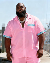 Big & Tall Men's Pure Powder Blue Plaid Patchwork Printed Short Sleeve Shirt And Shorts Set