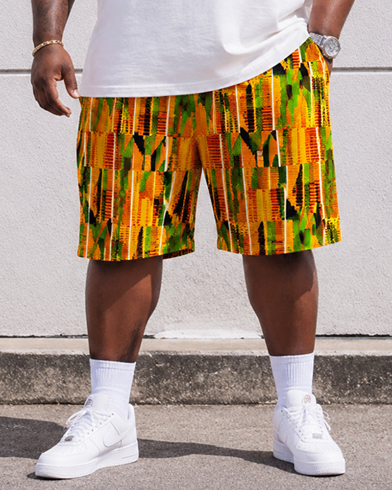 Big & Tall Men's Ethnic Pattern Stitching JESUS Cross Letter Printed Round Neck Short Sleeve T-Shirt Shorts Set