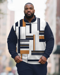 Big & Tall Men's Blue Geometric Print POLO Collar Zipper Long Sleeve Pants Two-Piece Set