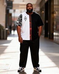 Big & Tall Men's Black And White Red Geometric Stitching Printed T-shirt Trousers Set